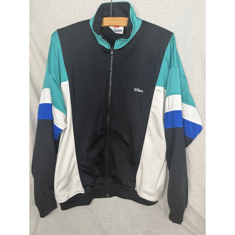 Wilson Mens Large Track Jacket Black White Teal Blue Vintage 90s Colorblock Zip